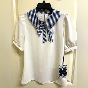 Ava Rose top bejeweled Peter Pan collar and bow, white and blue gingham Large